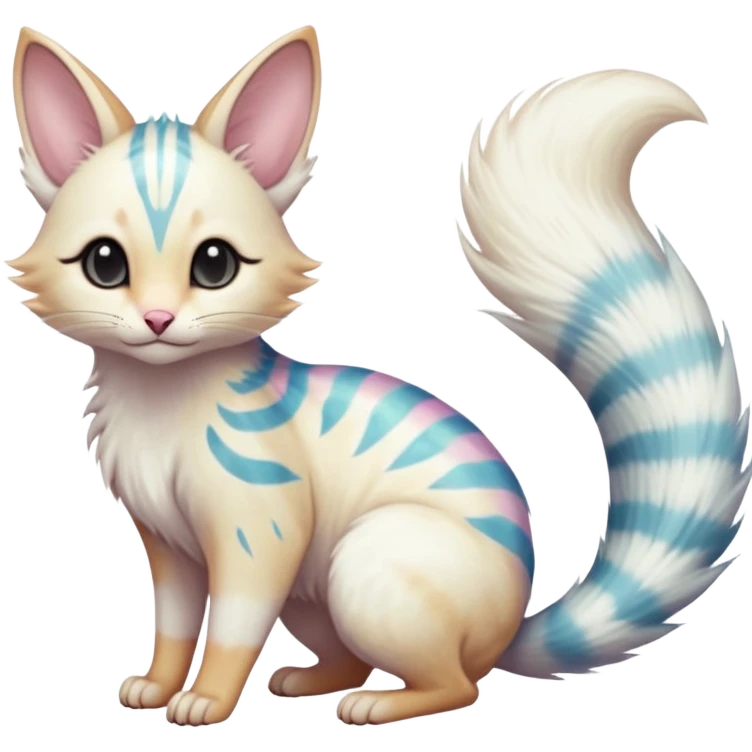  cute adorable whitish albino fur with random colorful markings iridescent beautiful elegant pretty precious cute  Fakémon-Pokémon-alien-opossum-feline-serval-caracal-chinchilla-Minccino-hybrid-creature with a big fluffy bushy striped tail (full body) emoji