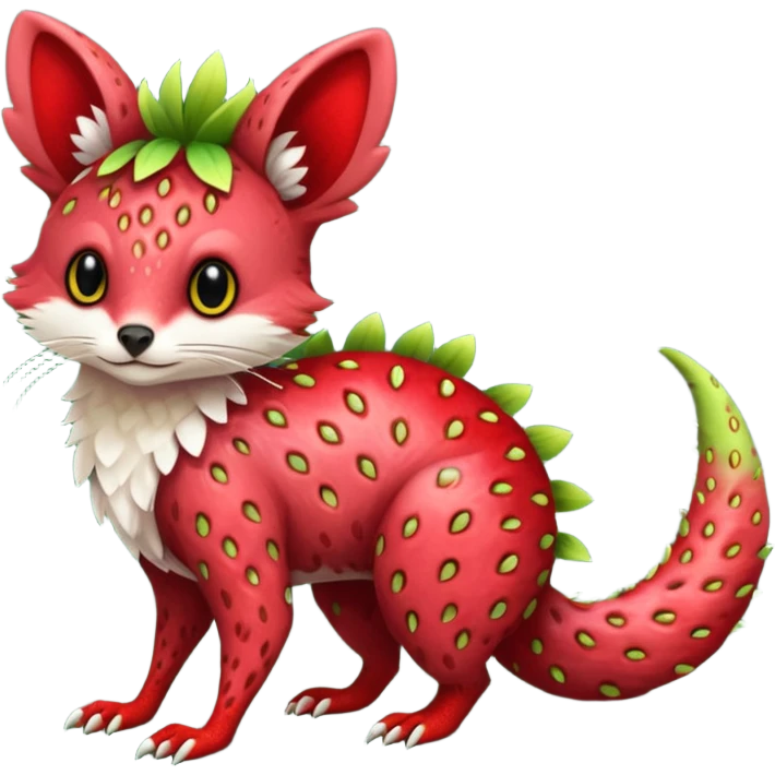 Feral Rare Fantasy vibrant tropical strawberry-colors-themed, red and sanguine, and lime-collred Vernid-Trico-species-creature by LiLaiRa, random markings, tufted tail, tufted ears, full body emoji
