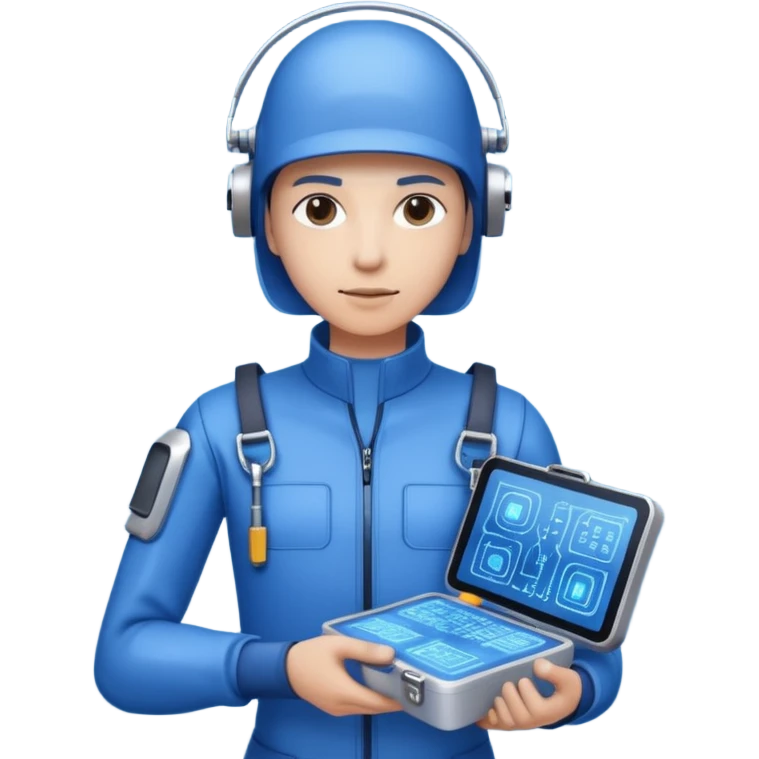 cybernetic person with digital toolkit, digital vibes, blue outfit, average skin color emoji
