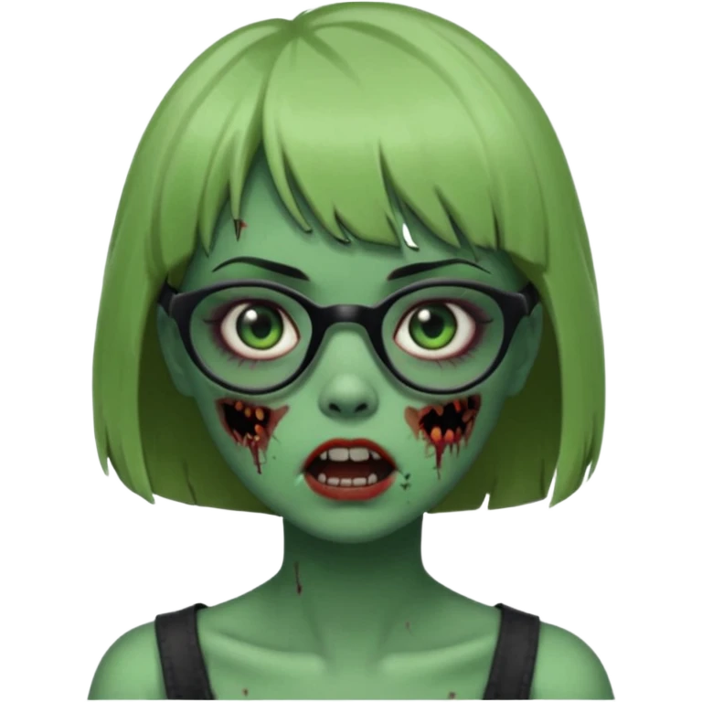 faça uma menina zumbi,da cor verde,com o cabelo curto,até o pescoço,franja,óculos pretos médios,olhos escuros,boca meio aberta e alguns machucados pelo rosto emoji