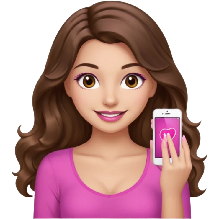 girl with long wavy brown hair, brown eyes, long lashes, sexy pink lips, light to medium complexion, wearing a pink sexy top, smiling, finger tips touching emoji