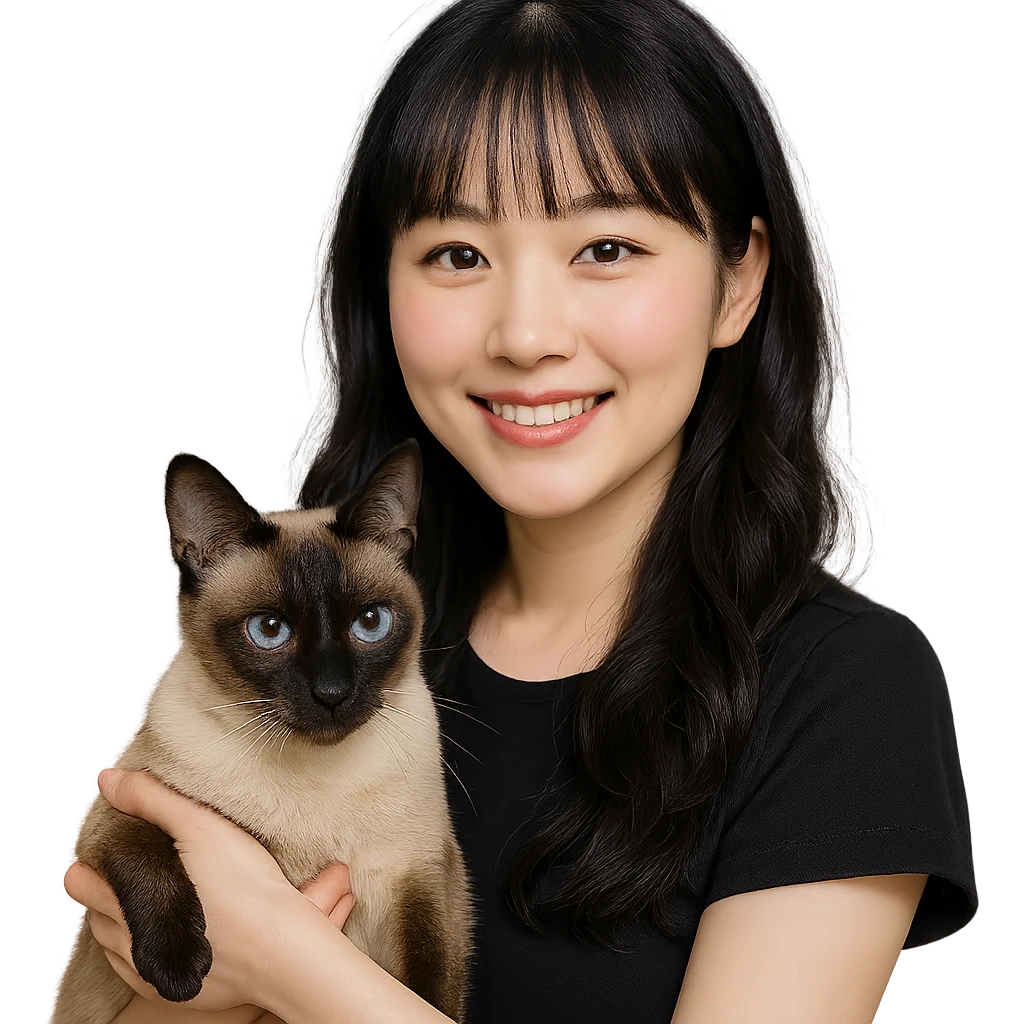 white-skinned East Asian woman holding a Siamese cat, black see-through bang bangs, long wavy hair, round brown eyes, light pink blush on cheeks, pink lips, smiling face emoji