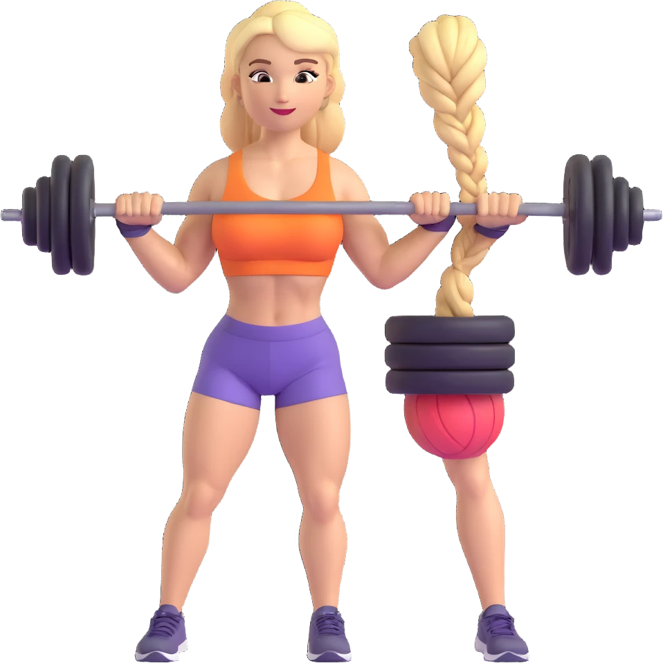 blondes Mädchen mit Zopf, muskulös, im Gym-Outfit, hebt Gewichte emoji
