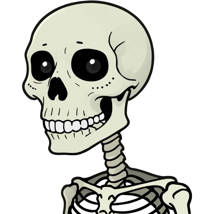 Skeleton with black hair with a long white nose emoji