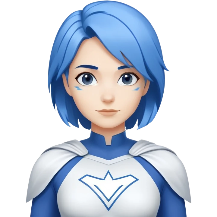 A close-up emoji of a friendly woman with blue hair (no eye mask) wearing a minimalist blue and white superhero costume with wide shoulders. The costume has a large empty area on the chest for the logo, uses only blue and white colors, and has minimal details. emoji