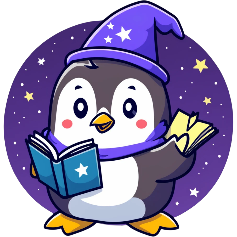 Cute penguin wizard with a flowing starry robe and magical spellbook emoji