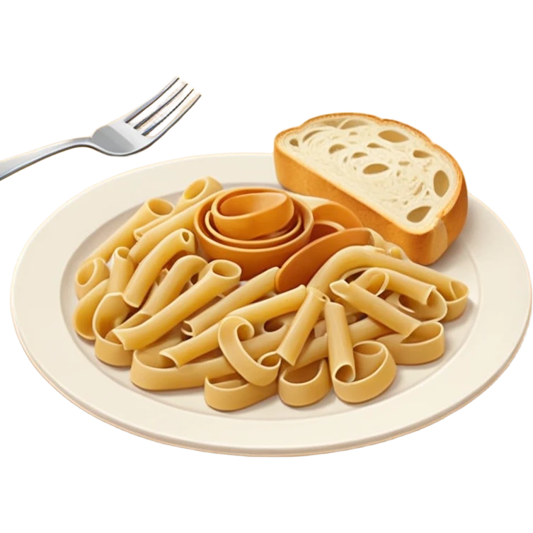 European cuisine humanless avatar in modern emoji-style illustration. Plate with pasta and bread, neutral warm colors, simple shapes, flat design, elegant and friendly. emoji