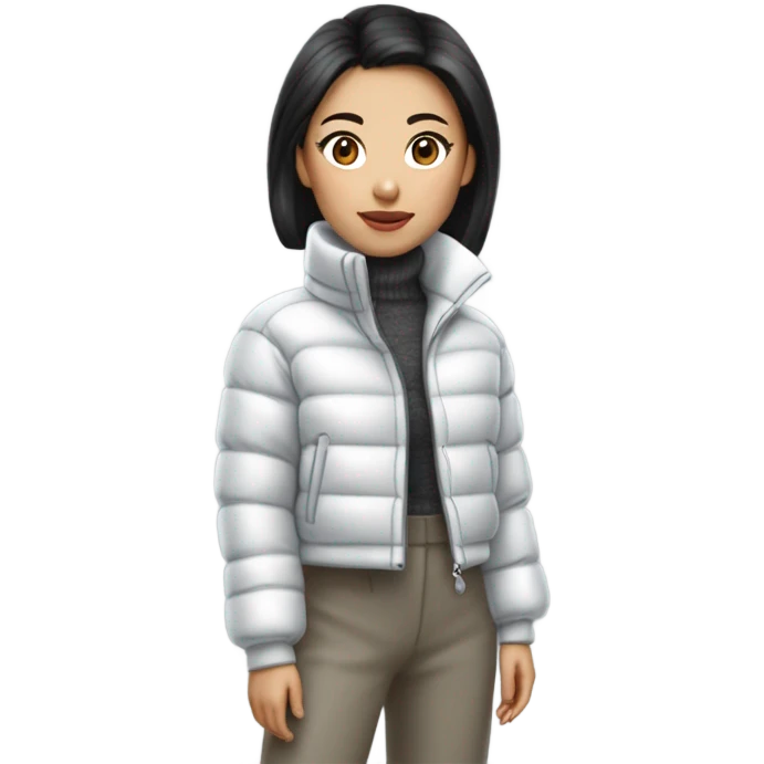 A petite Asian girl styled a cropped white puffer jacket with a glossy finish, layered over a fitted gray turtleneck sweater, pairing it with high-waisted pleated wide-leg trousers that added a touch of sophistication. emoji