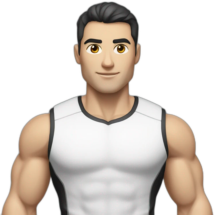 Pale skinned Fit Man With the biceps and dark brown hair in black shirt, gray sports shorts and white Sneakers emoji