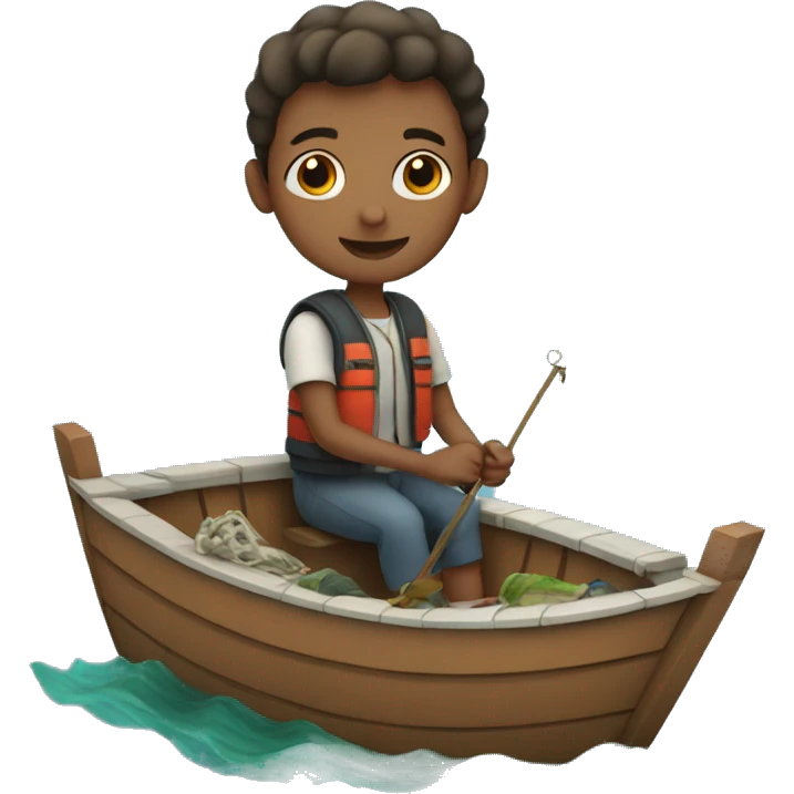 Boy on boat with fish emoji