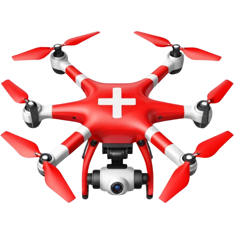 Rescue drone sticker, emergency quadcopter with medical cross symbol, red and white color, simple flat vector style, bold outline, transparent background emoji