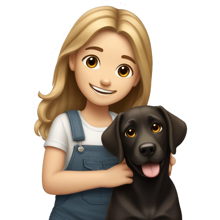 White cute girl with long ligth brown hair smiles, and dog like labrador black and white emoji