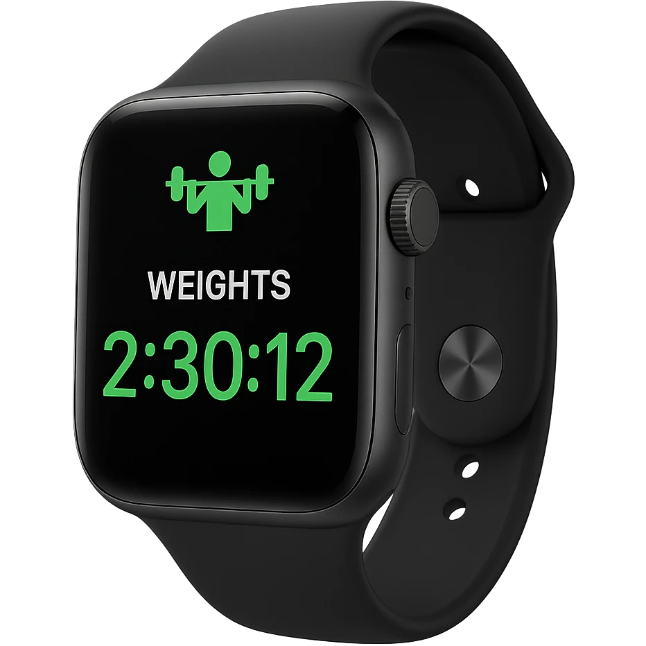 smartwatch con modalità attiva di pesi che segna 2 ore e mezza di palestra, REALISTICA 4K emoji