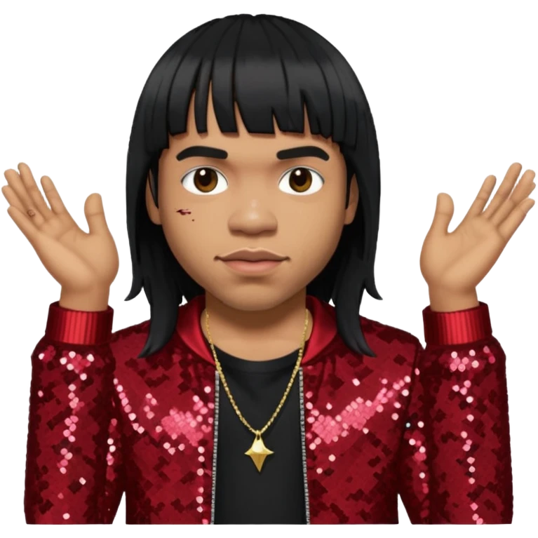 Anderson Paak with long platinum black hair with bang, dark red sequin outfit emoji
