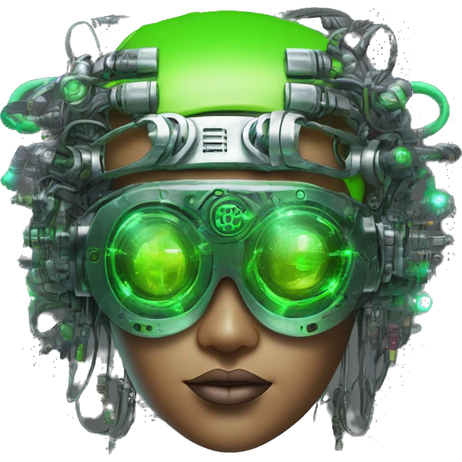 Neon green bobbed hair Latina female cyborg head with silver steampunk goggles and circuits emoji