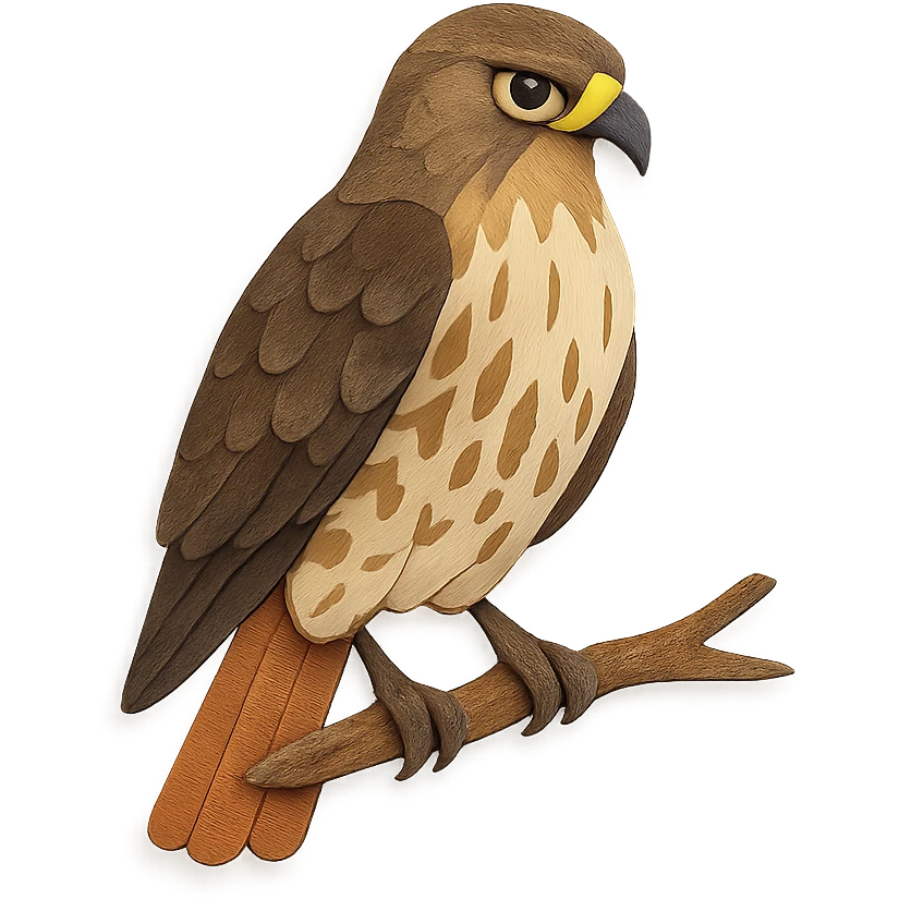 close-up of a red-tailed hawk perched on a branch, fine paper edges, intense gaze, brown and cream feather patterns, red tail emoji