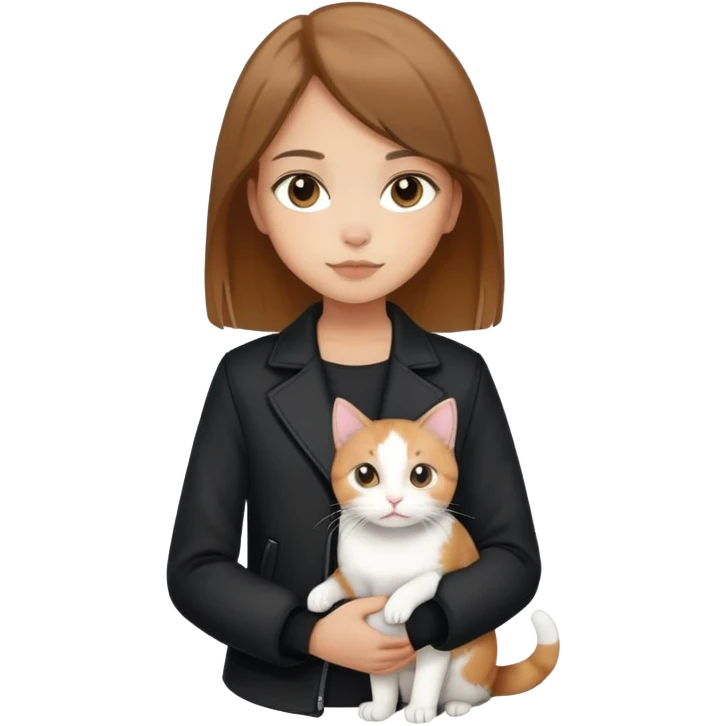 Light-skinned girl with brown straight hair wearing a black jacket, holding one completely white cat and one calico cat emoji