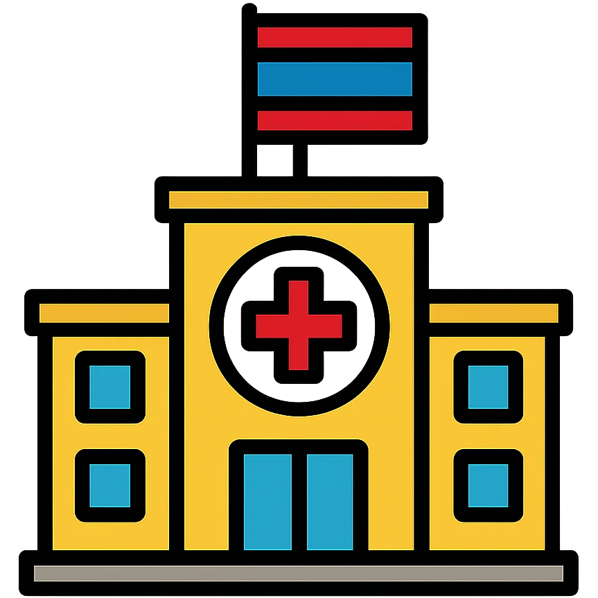 Hospital building with Thai flag prominently displayed, red cross medical symbol, colored outlines emoji
