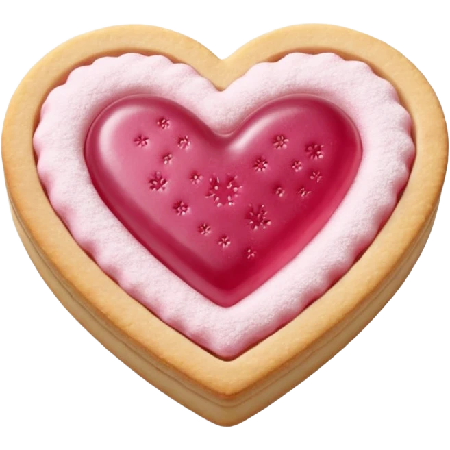 Realistic shortbread cookie in the shape of a heart with pink jelly middle filling and sprinkled powder sugar on top. emoji