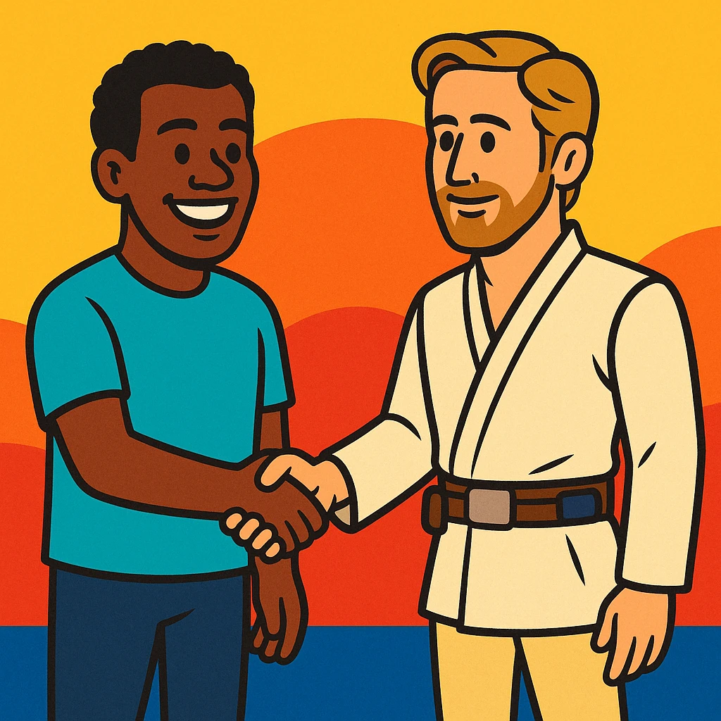 friendly scene of a Neger character shaking hands with Ryan Gosling dressed as a Star Wars character in vibrant toon style emoji