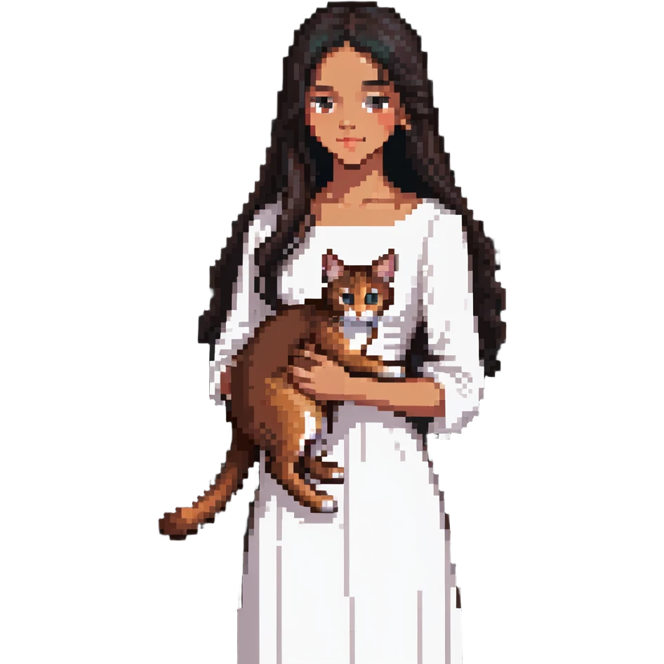 beautiful girl with long black hair wearing a white dress holding an Abyssinian cat with reddish-brown fur in her arms, side view emoji