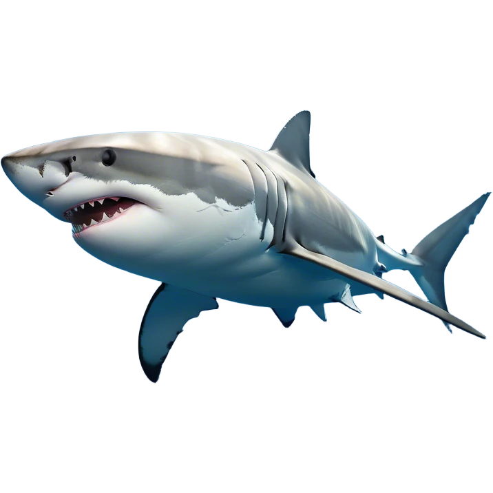 Beautiful and Majestic Great White Shark Portrait Emoji, Head and body resting peacefully with a serene, confident expression, showcasing its robust, torpedo-shaped form and a subtle, regal glint in its eyes, Simplified yet exquisitely endearing features, highly detailed, glowing with a soft, drowsy ocean light, high shine, relaxed and utterly majestic, stylized with an air of marine splendor, soft glowing outline, capturing the essence of a beautiful and majestic great white shark that feels destined to become the next viral icon of awe-inspiring ocean beauty! emoji