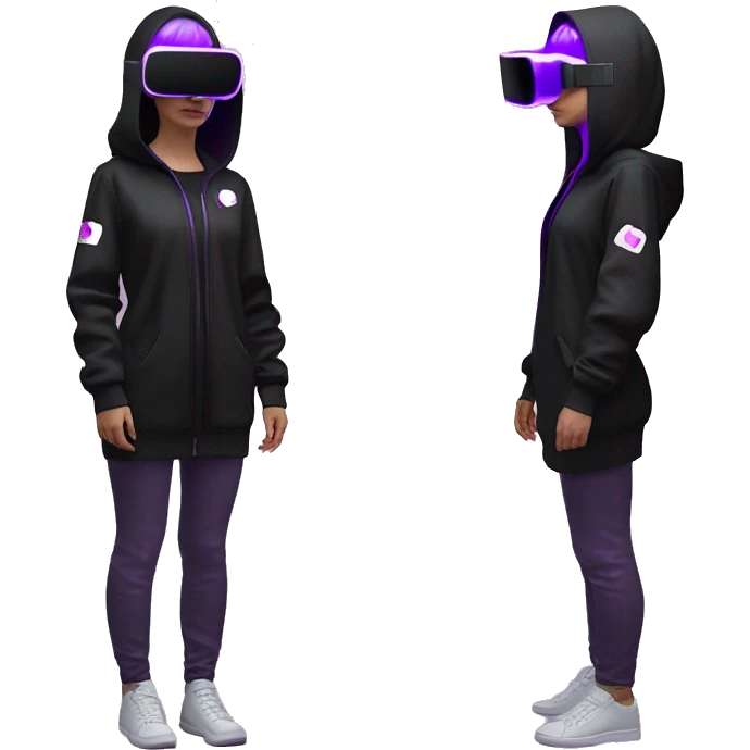 Russian girl wearing black hoody with violet letters "OMG", in vr headset oculus quest2. Standing like jedi. Cyberpunk style. Violet neon. emoji