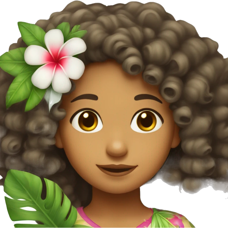 A cute mixed race island girl with curly hair and a hawaian flower in her hair  emoji