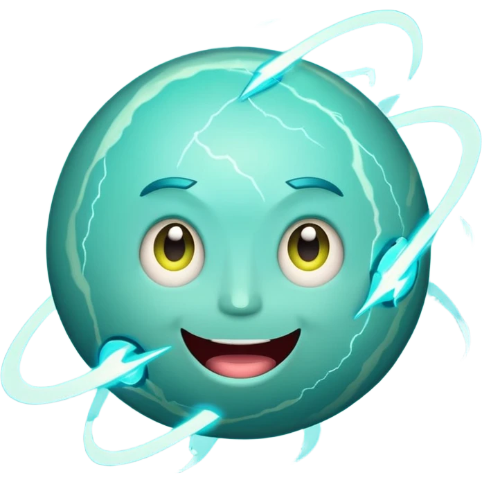 Uranus planet emoji in Apple style, blue-green color with visible rings, very large playful fun excited face, bursting with electric chaotic unexpected energy, bold lightning bolts, highly expressive features emoji