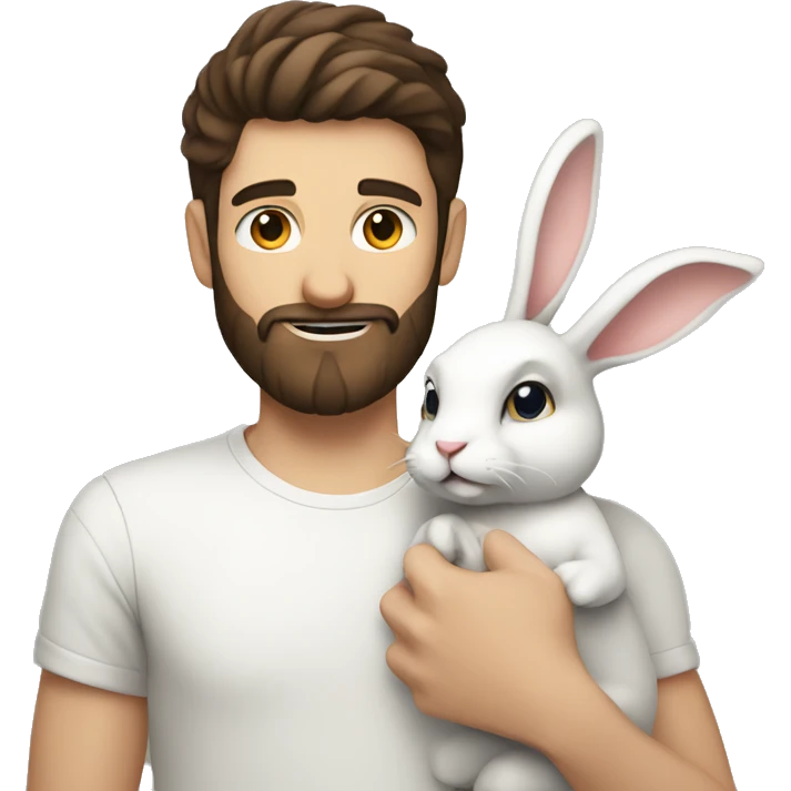 Brunette guy with a beard holds a white rabbit  emoji