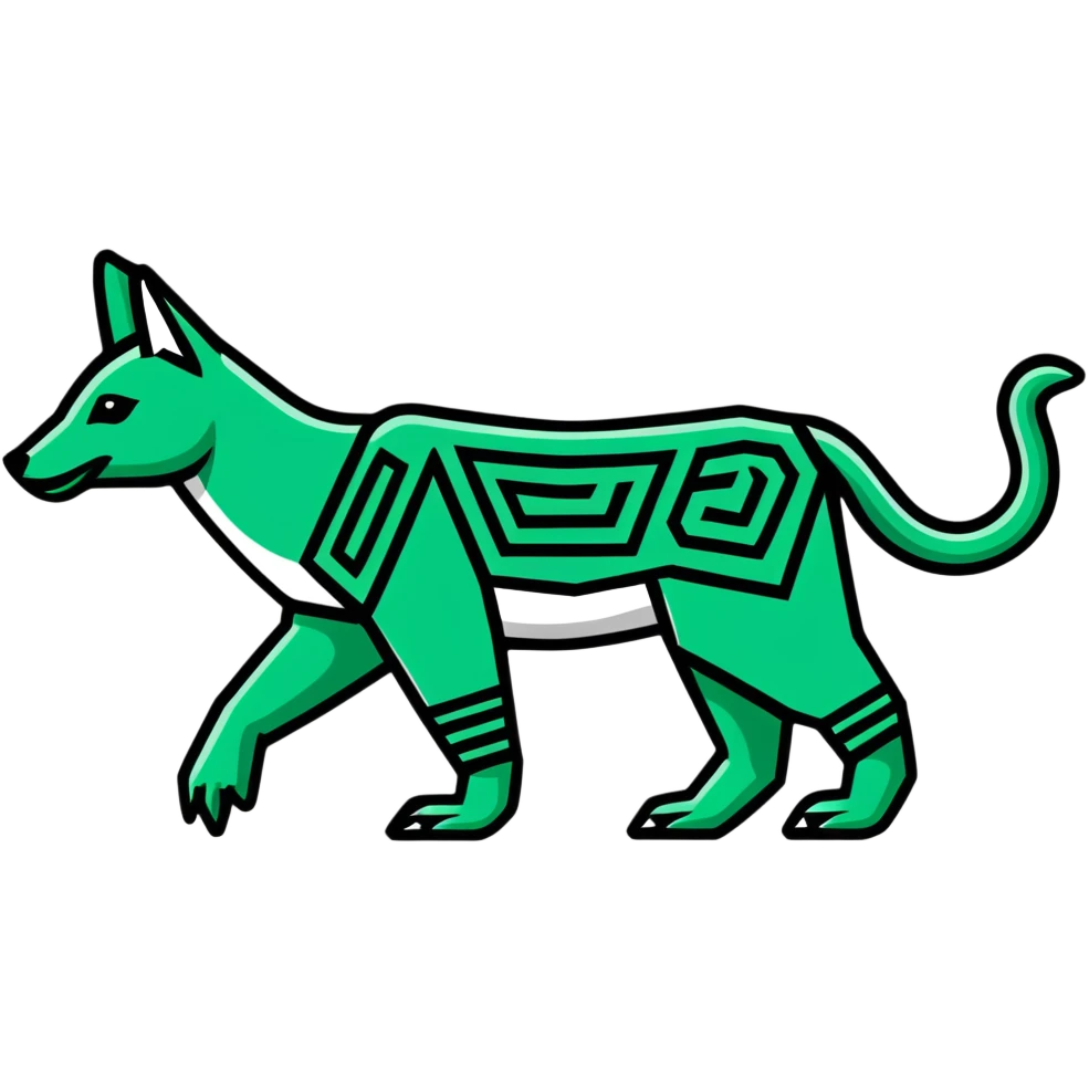 Geometric Maya glyph animal symbol, strictly only white and deep dark green colors, sharp clean lines, angular, no cute styling emoji