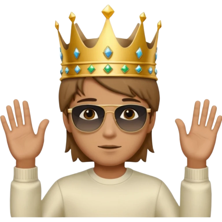 Un niño con cabello lacio no muy largo color marrón castaño,ojos marrones,piel no muy blanca, que tenga lentes de sol color negro,reloj en la mano derecha y una corona como sombrero emoji