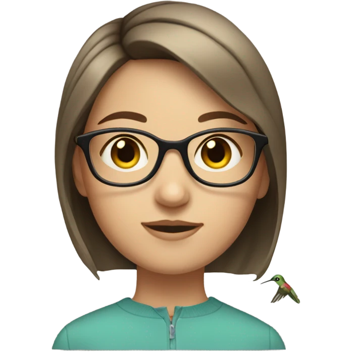Girl pale , brunette, with short hair, wearing glasses with a hummingbird next to her emoji