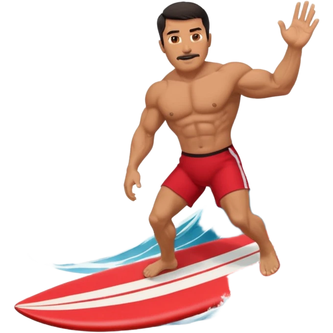 50 year old, muscular, dark haired, tan, red shorts man riding a big wave emoji