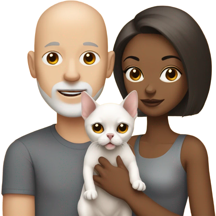 White, bald man is holding a grey, small sphinx cat and woman with dark, straight hair is holding orange, fluffy Pomeranian dog emoji
