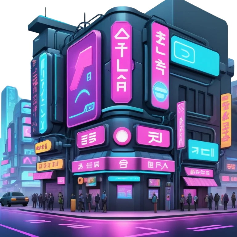 Cyberpunk street corner with neon blinking signage and holographic advertisements emoji