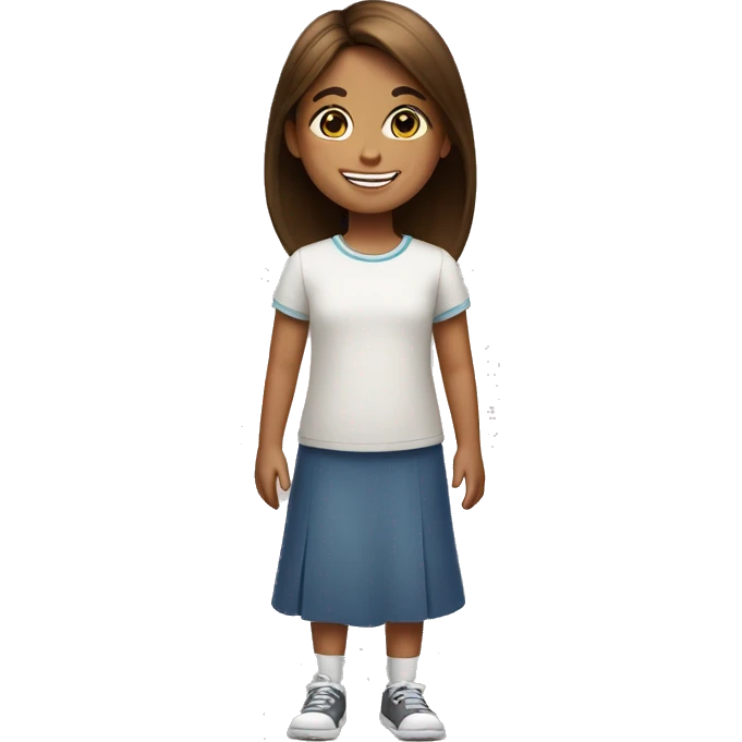 a 10-year-old girl with brown straight hair stands and smiles beautifully emoji
