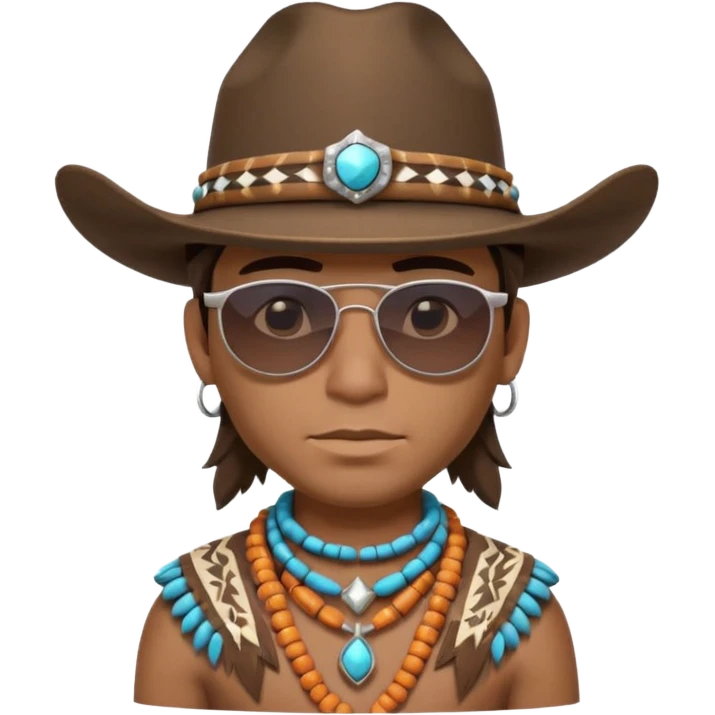 cute Indigenous tribal male portrait, head and shoulders only, cowboy hat, sunglasses, tribal jewelry, confident expression, 3D cartoon, mobile game icon style, clean background, no text, no watermark
 emoji