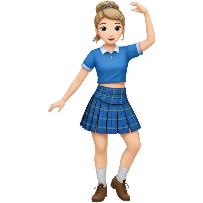 Female highland dancer with hair in bun wearing blue plaid kilt and dancing emoji