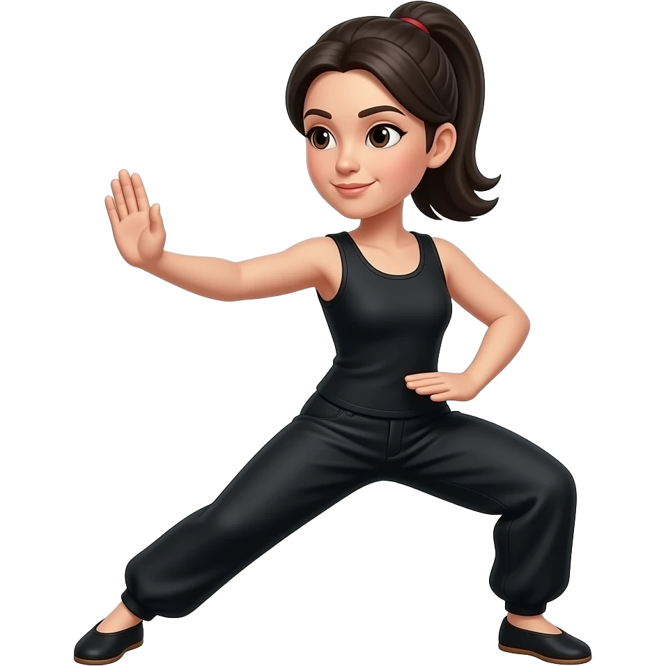 Frau mit dunklen Haaren und simpler schwarzer Kleidung macht Tai Chi Pose Single Whip emoji