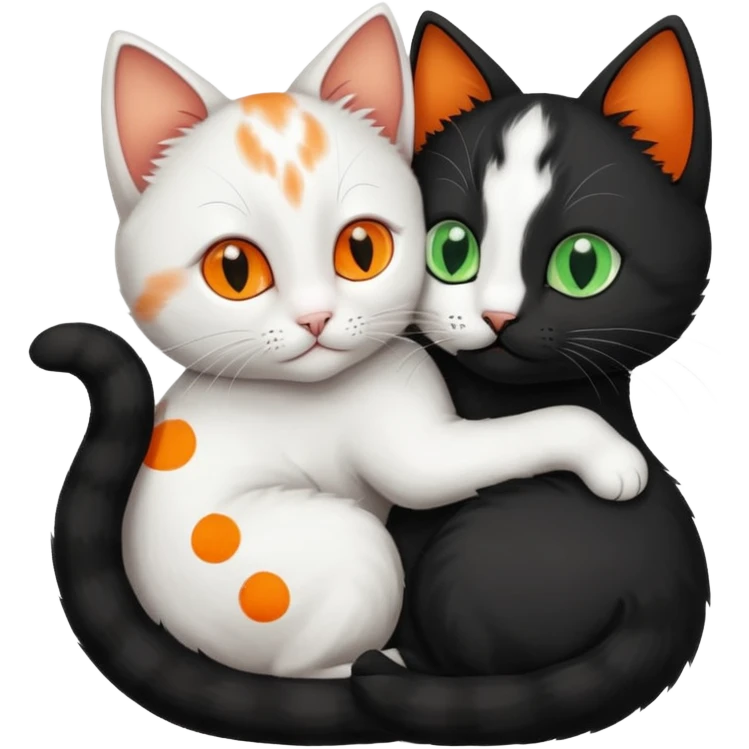 Black kitten with green eyes cuddling with white cat with orange spots and blue eyes and sharper features in the shape of a yin yang symbol emoji