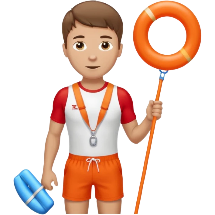 Male lifeguard – red shorts, whistle around neck, holding rescue float. emoji