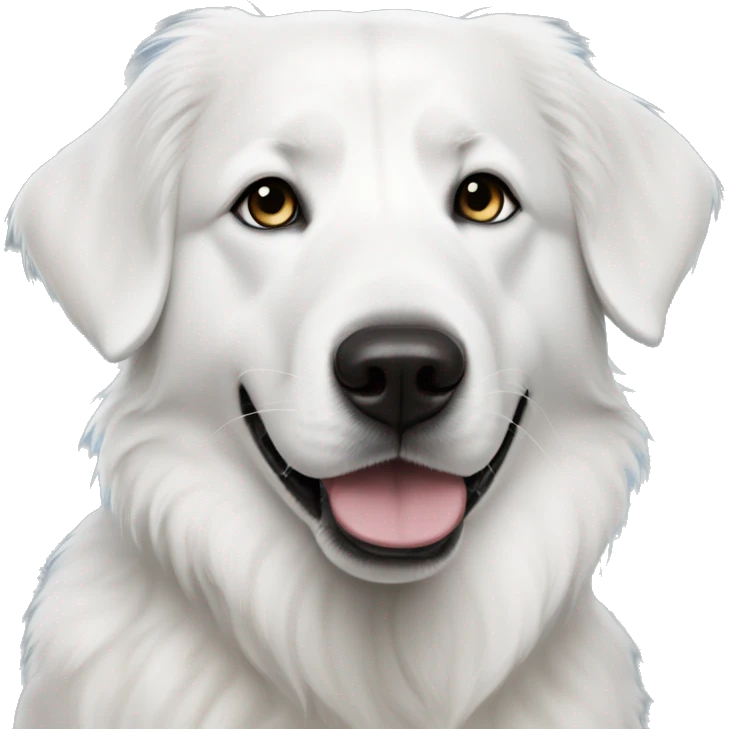 All White Great Pyrenees mix dog with bright blue eyes, black nose and black around right eye emoji