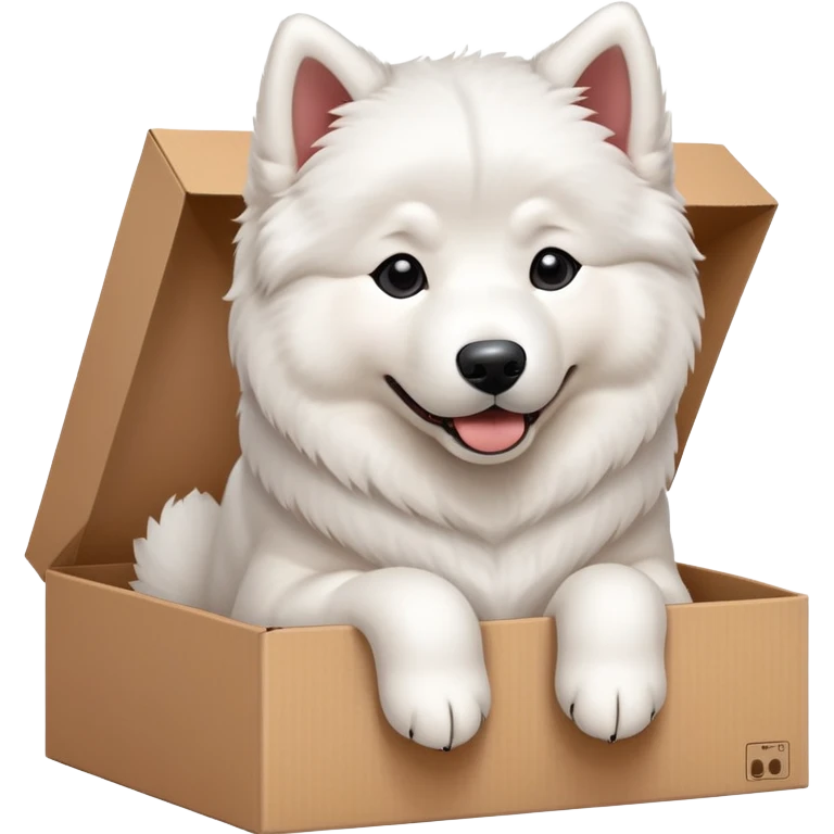  A very cute young Samoye  with one's head tilted to one side poked its paws out of the cardboard big box and placed them on top of it emoji