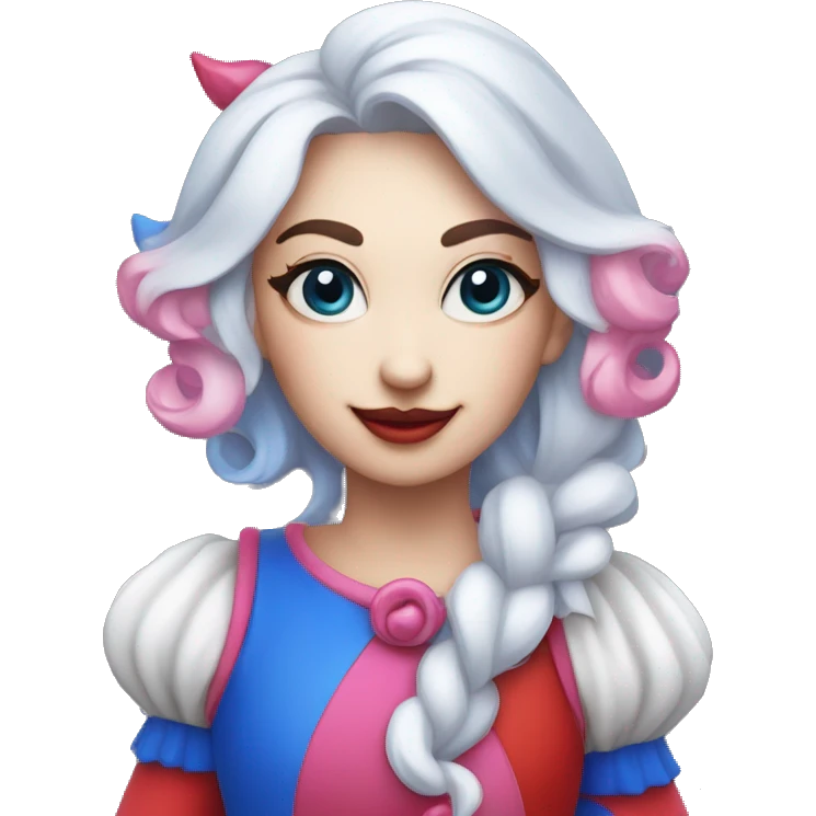 A jester with a round white head,pink blush – red and blue pinwheel eyes and a red and blue jester outfit. her pupils are red and blue pupils. emoji