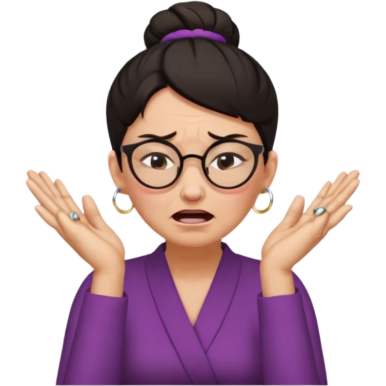  middle aged woman with dark hair pulled up in a high bun, wearing round ring earrings and glasses, expression extreme pain on her face, covering her ears with her hands very painful expression on her face, eyes squeezed shut, wincing in pain covering her ears with her hands emoji