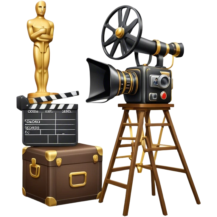 Icon for Directing: a director's chair, a large film camera, a megaphone, a stage set with lights and an Oscar statuette. The icon should represent the creative and leadership aspects of directing, with focus on film and theater production. Transparent background. emoji