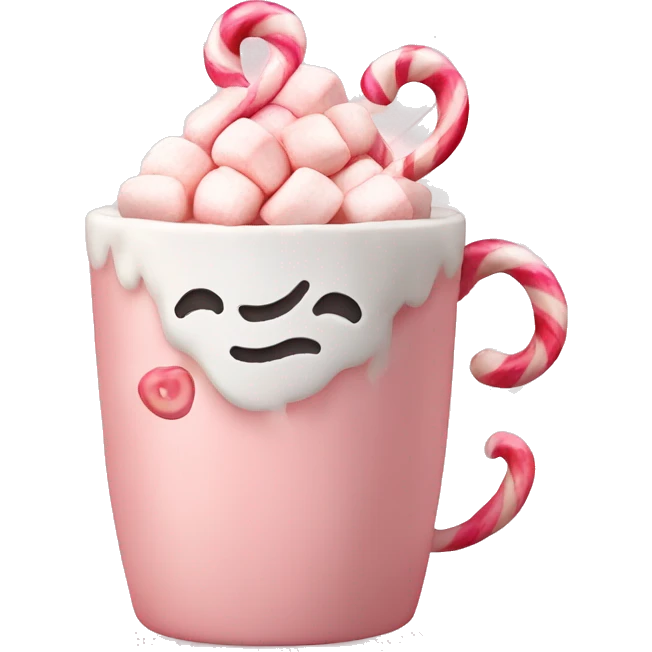 Light pink hot coco cup with marshmallow and candy cane  emoji