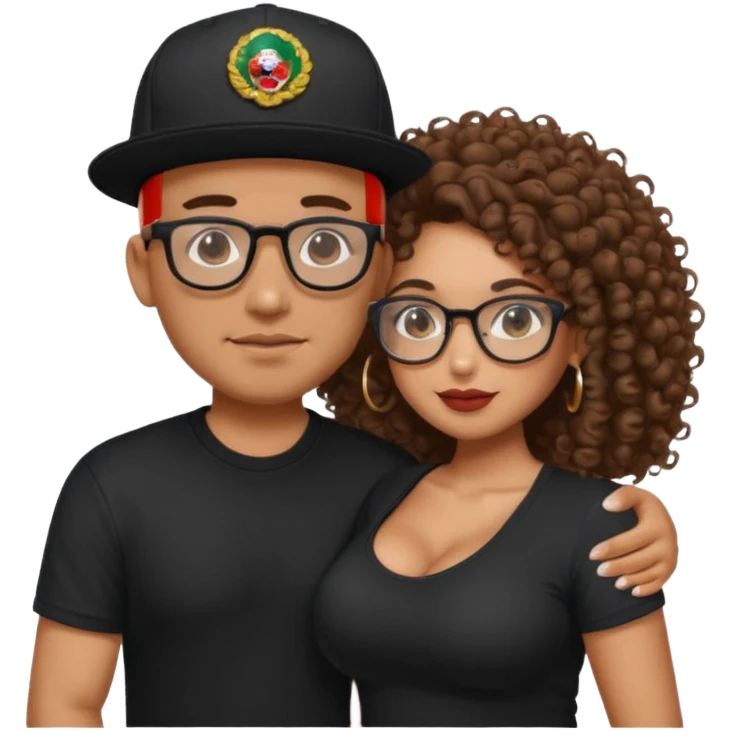 A picture of a tanned couple embracing. the guy is Mexican, with a bald hair cut and he has a SnapBack hat on. The girl is mixed, the girl is wearing a black shirt, the girl has brown curly big hair and the girl has big boobs and the girl wears glasses but the man doesn't  emoji