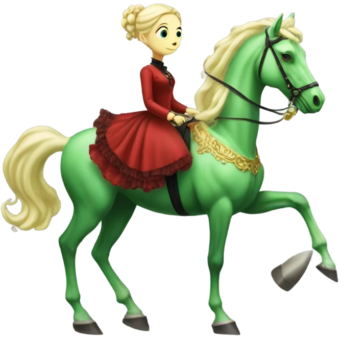 "galora green blonde alien woman" in red Victorian elegant dress, full body, rides "horse gold and white"
 emoji